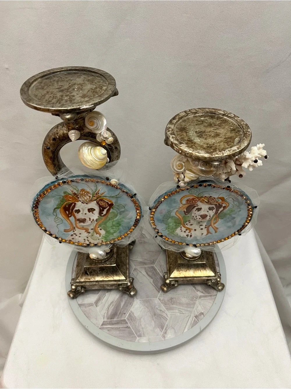 Set of 2 Coastal Dalmatian Dog Seashell Jeweled Candle Holders Sculptures